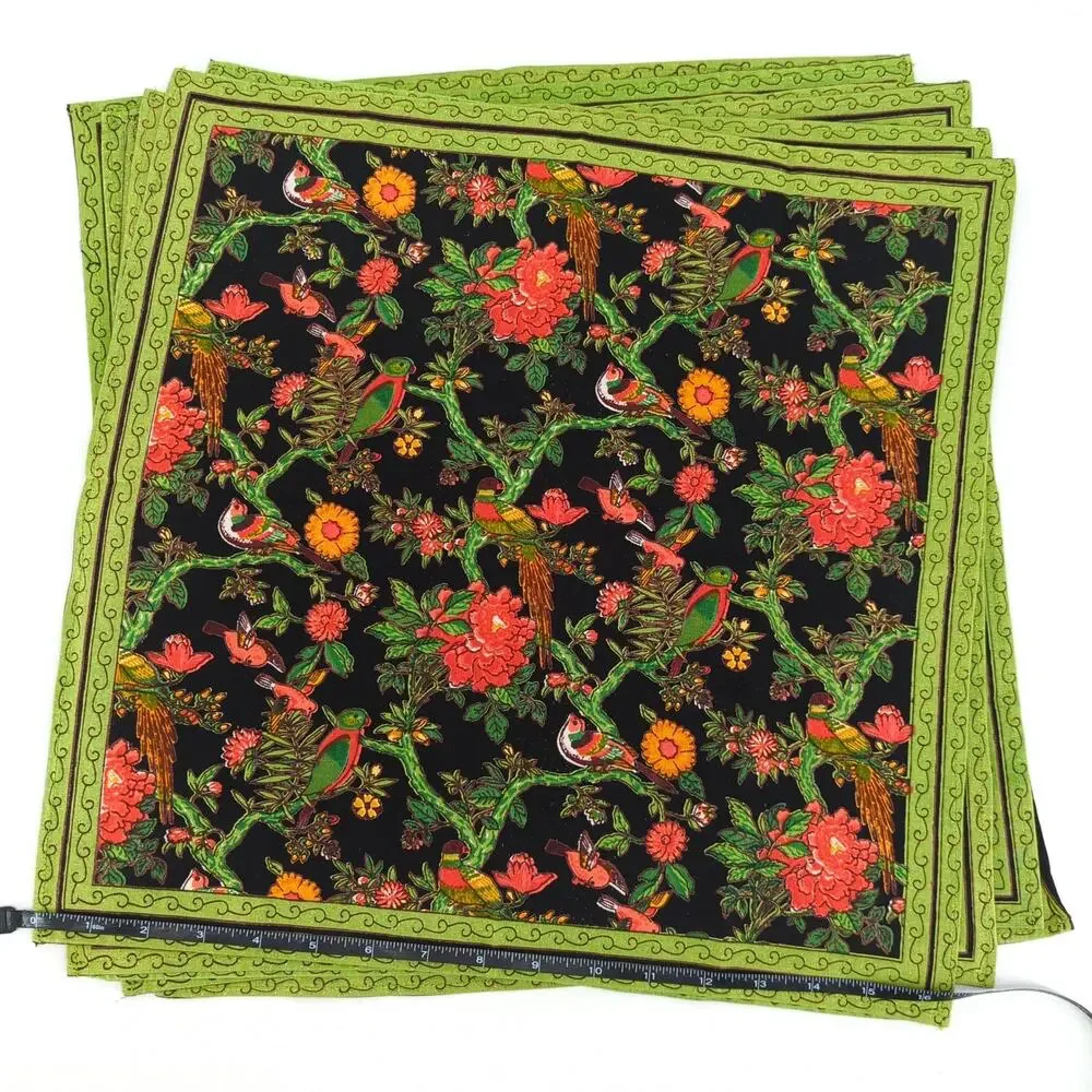 Blue Mongoose Bird Table Napkin Black Green Cotton Floral Set of 8 NEW FLAW
